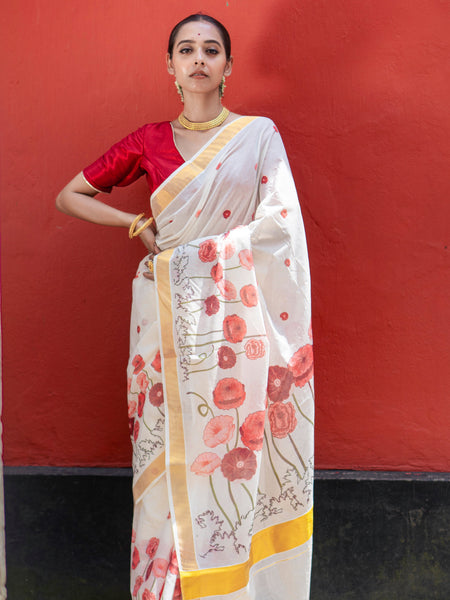 Poppy charm | Premium White Kasavu Saree with Golden Border and Floral Print