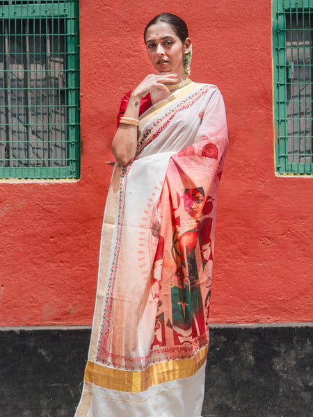 Rangmaya Elegant White Kasavu Cotton Saree with Gold Zari Border & Motif Pallu
