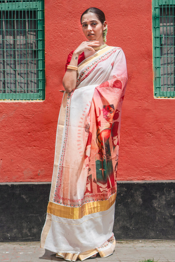 Rangmaya Elegant White Kasavu Cotton Saree with Gold Zari Border & Motif Pallu