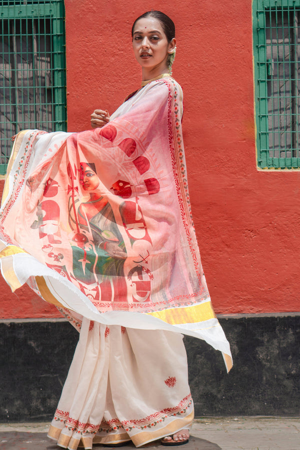 Rangmaya Elegant White Kasavu Cotton Saree with Gold Zari Border & Motif Pallu