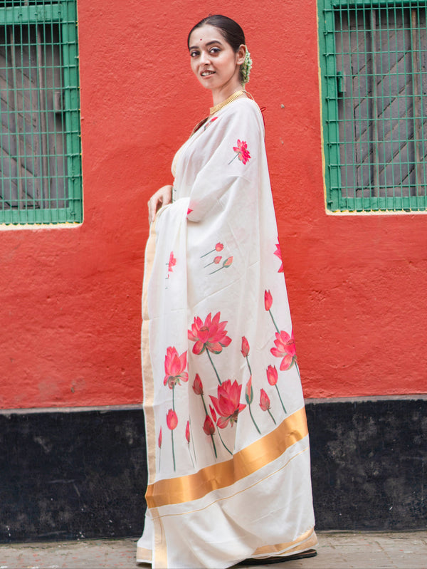 Padma elegance | Traditional White Cotton Kasavu Saree with Floral Printed Pallu Design