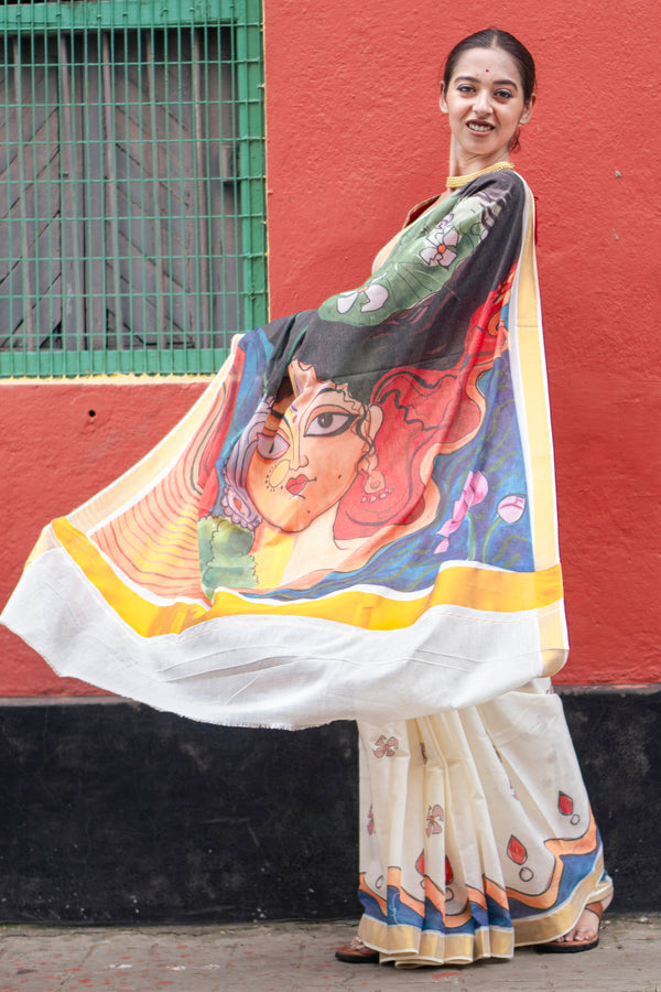 Devi drishti Women’s Multicolor Kasavu Cotton Saree with Traditional Motifs