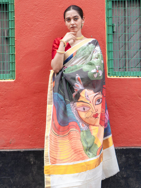 Devi drishti Women’s Multicolor Kasavu Cotton Saree with Traditional Motifs