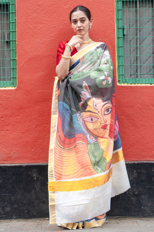 Devi drishti Women’s Multicolor Kasavu Cotton Saree with Traditional Motifs