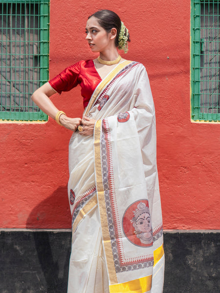 Nritya roop Premium White Kasavu Saree with Golden Touch & Motif Work