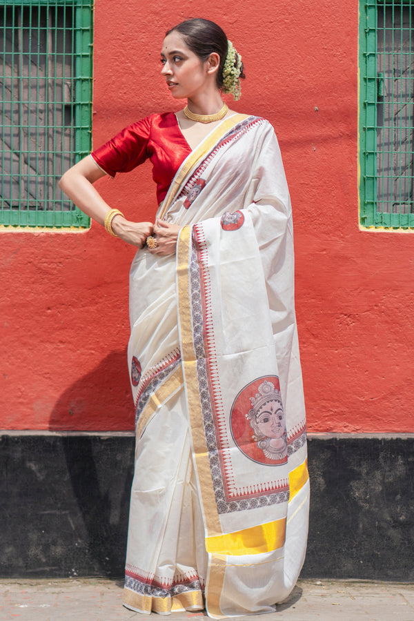 Nritya roop Premium White Kasavu Saree with Golden Touch & Motif Work