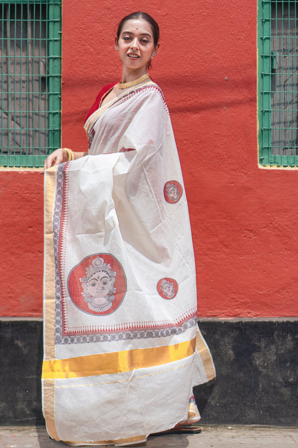 Nritya roop Premium White Kasavu Saree with Golden Touch & Motif Work