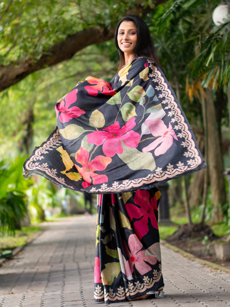MALIHA Designer Tussar Silk Saree with Hand Pita Embroidery & Elegant Floral Patterns