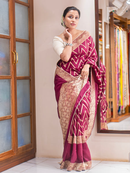 Rajwada Chevron Premium Wine Khaddi Banarasi Saree for Weddings & Festive Wear | Elegant Handwoven Saree