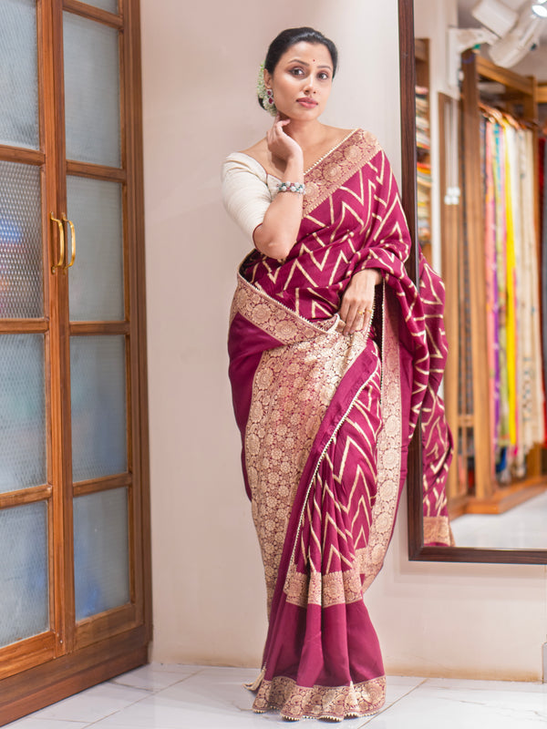 Rajwada Chevron Premium Wine Khaddi Banarasi Saree for Weddings & Festive Wear | Elegant Handwoven Saree