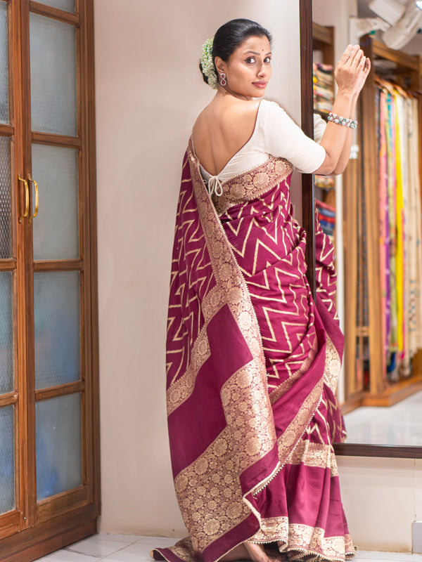 Rajwada Chevron Premium Wine Khaddi Banarasi Saree for Weddings & Festive Wear | Elegant Handwoven Saree