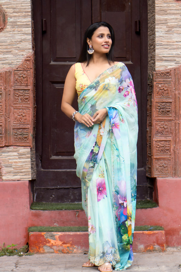 Spring Mist Sky Blue & Multicolored Chinon Saree – Digital Floral Print Lightweight Elegant Saree