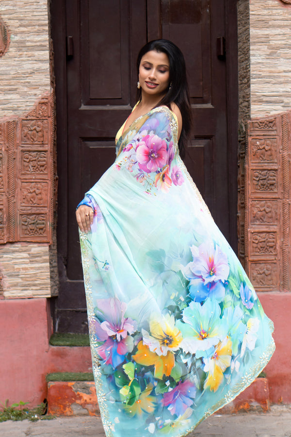 Spring Mist Sky Blue & Multicolored Chinon Saree – Digital Floral Print Lightweight Elegant Saree