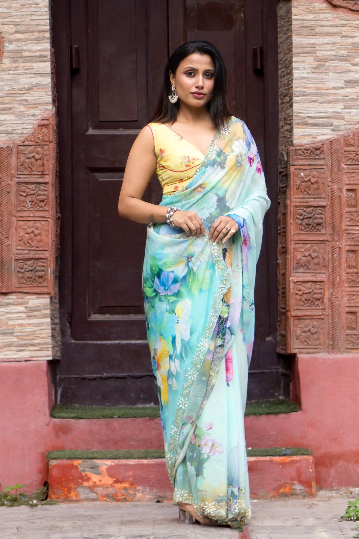 Spring Mist Sky Blue & Multicolored Chinon Saree – Digital Floral Print Lightweight Elegant Saree