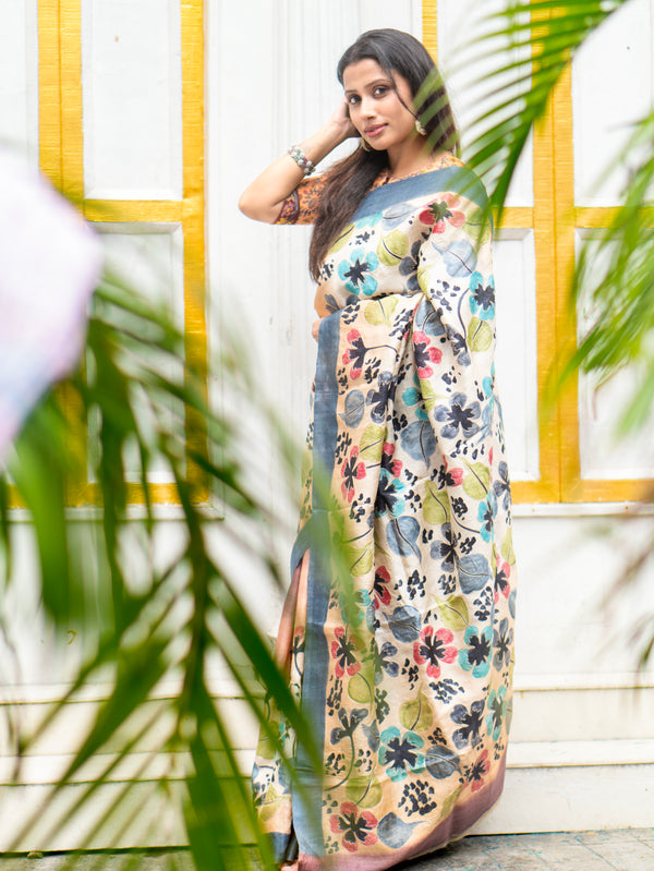Morning Petal Premium Pure Tussar Silk Saree with All Over Printed Ari Embroidery Design
