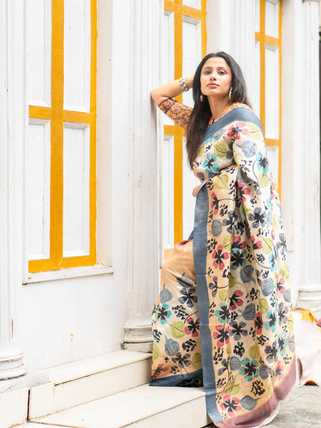 Morning Petal Premium Pure Tussar Silk Saree with All Over Printed Ari Embroidery Design