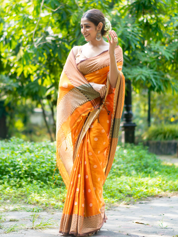 Kesariya Stylish Orange Tissue Cotton Saree with All Over Print Design