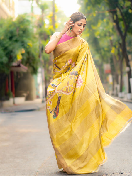 Daffodil dream Premium Tussar Silk Saree with Daffodil Shade & Zari Work Border