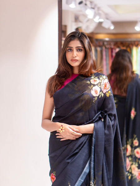 Noir flora Classic Black Mulberry Silk Saree – Lightweight Handwoven Saree for Sophisticated & Elegant Look