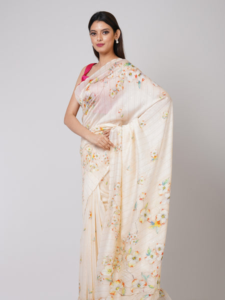 Light Peach Dream White Raw Silk Saree with Sequins Work | Elegant Party Wear Ethnic Saree