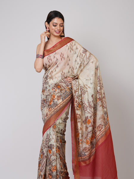 Beige elegance | Designer Beige Chanderi Saree – Timeless Traditional Festive Wear Saree