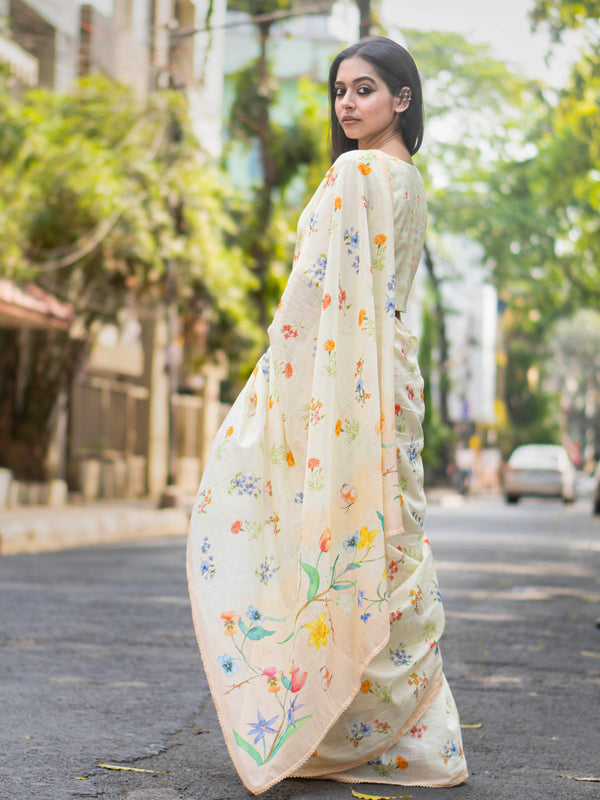 Noorva | Women’s Cream Chanderi Digital Print Saree for Festive Wear