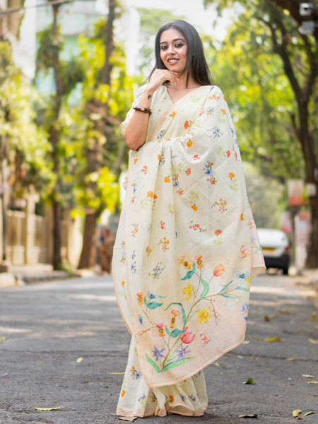 Noorva | Women’s Cream Chanderi Digital Print Saree for Festive Wear