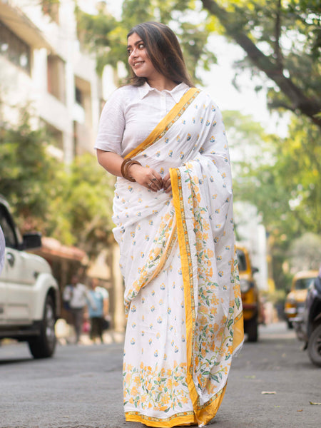 Saanviya | Yellow Floral Digital Print Mulmul Saree | Lightweight Soft Cotton Saree for Women
