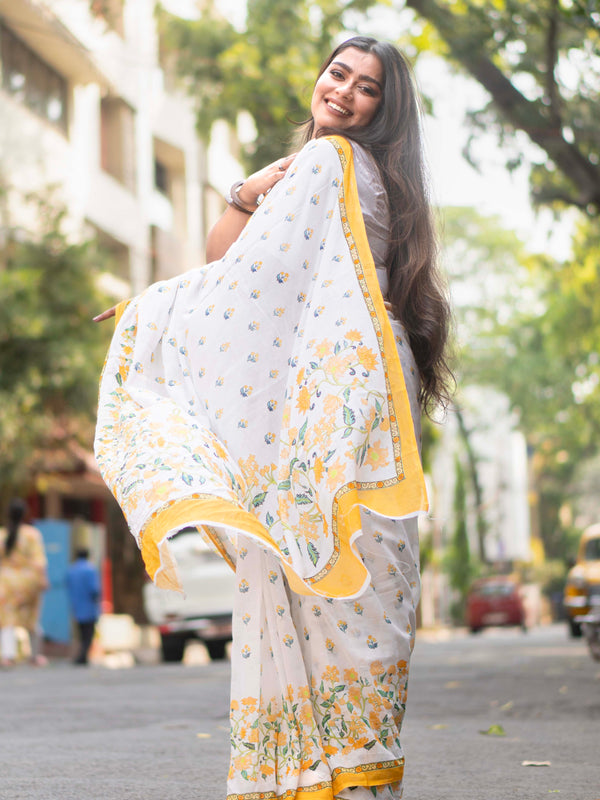 Saanviya | Yellow Floral Digital Print Mulmul Saree | Lightweight Soft Cotton Saree for Women