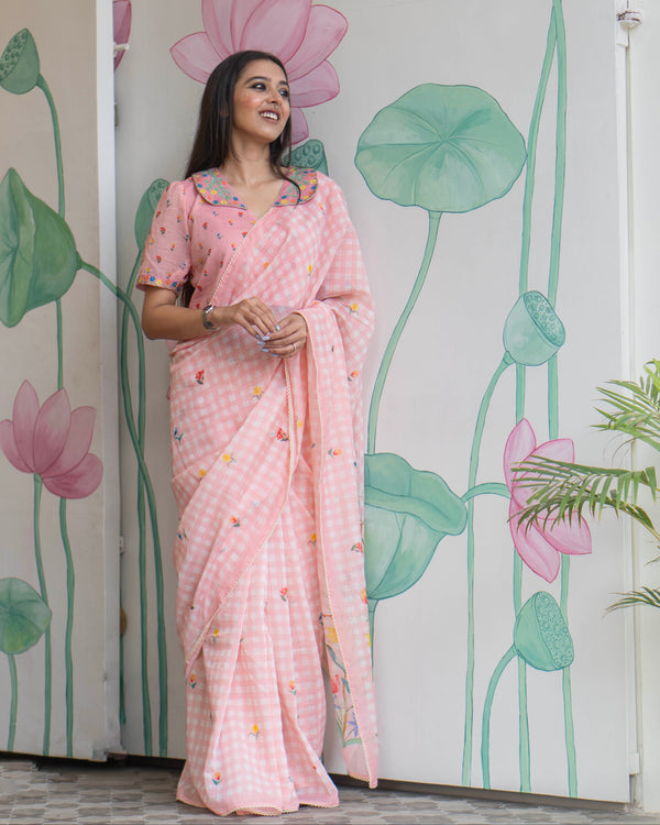Aabheri | Elegant Pink Mulmul Cotton Saree – Timeless Minimal Traditional Style