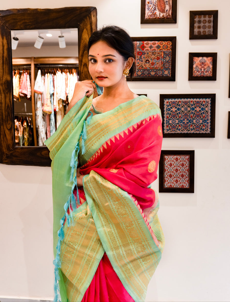 Anika Premium Pink Silk Saree with Contrast Zari Border Design