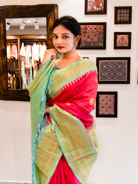 Anika Premium Pink Silk Saree with Contrast Zari Border Design