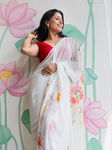 Moonveil Women’s White Chiffon Saree with Minimal Elegant Look