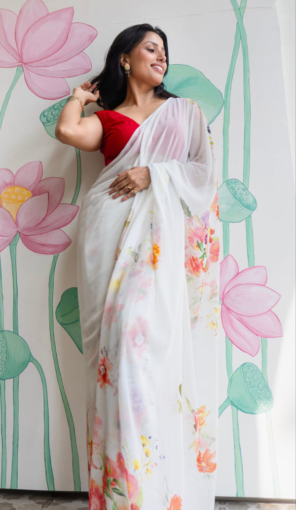 Moonveil Women’s White Chiffon Saree with Minimal Elegant Look