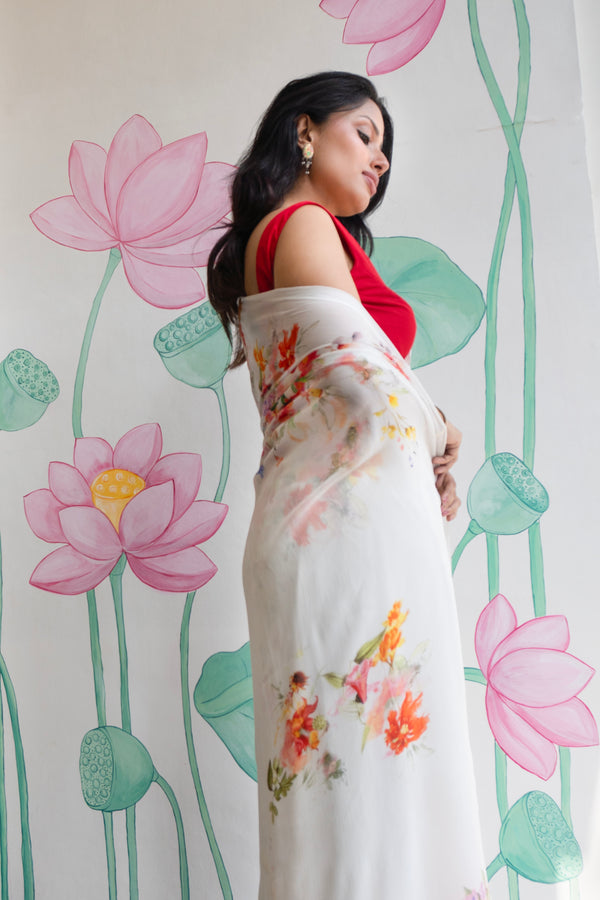 Moonveil Women’s White Chiffon Saree with Minimal Elegant Look