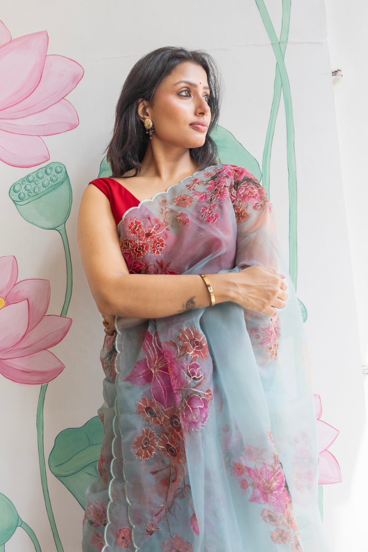 Neelora Designer Blue Organza Saree for Wedding and Celebration Wear