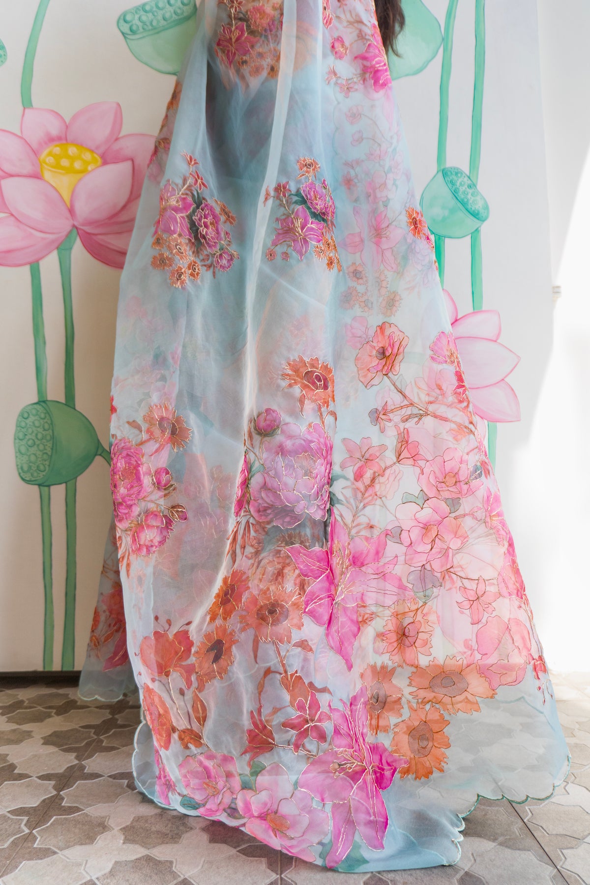 Neelora Designer Blue Organza Saree for Wedding and Celebration Wear