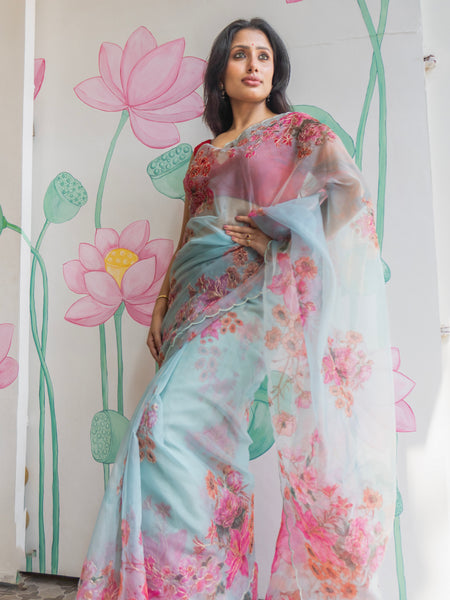 Neelora Designer Blue Organza Saree for Wedding and Celebration Wear