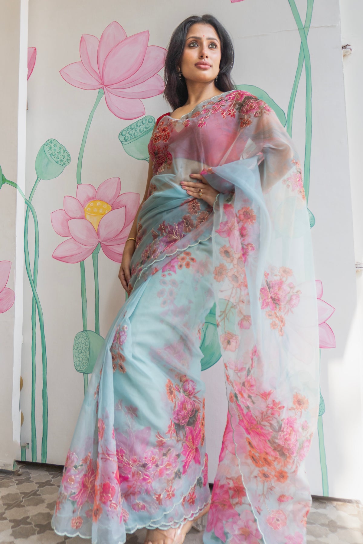 Neelora Designer Blue Organza Saree for Wedding and Celebration Wear