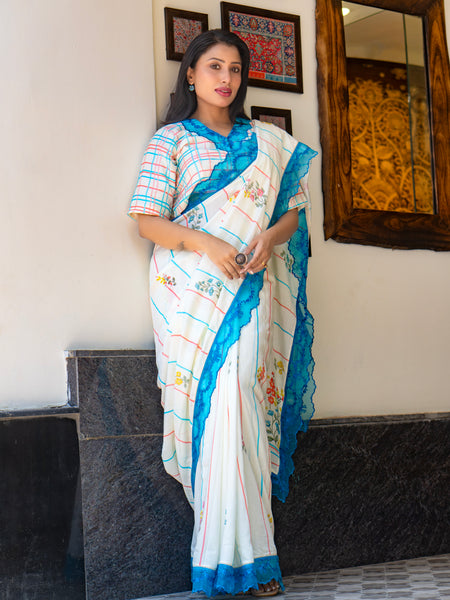 Nilanjana Women’s White Chanderi Saree for Ethnic & Festive Look