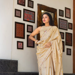 Designer Cream Tussar Saree – Timeless Minimal Festive Wear Saree