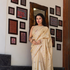 Designer Cream Tussar Saree – Timeless Minimal Festive Wear Saree