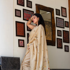 Designer Cream Tussar Saree – Timeless Minimal Festive Wear Saree