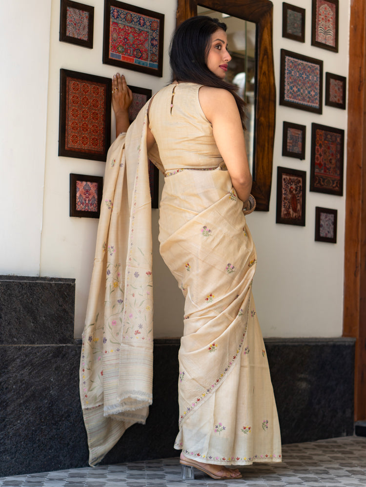 Designer Cream Tussar Saree – Timeless Minimal Festive Wear Saree