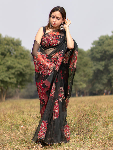 AMARA Classic Black Floral Ethnic Saree with Handcrafted Detailing