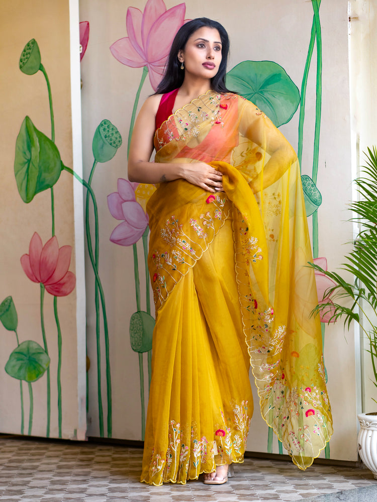 Stylish Yellow Organza Saree with Modern Elegant Look
