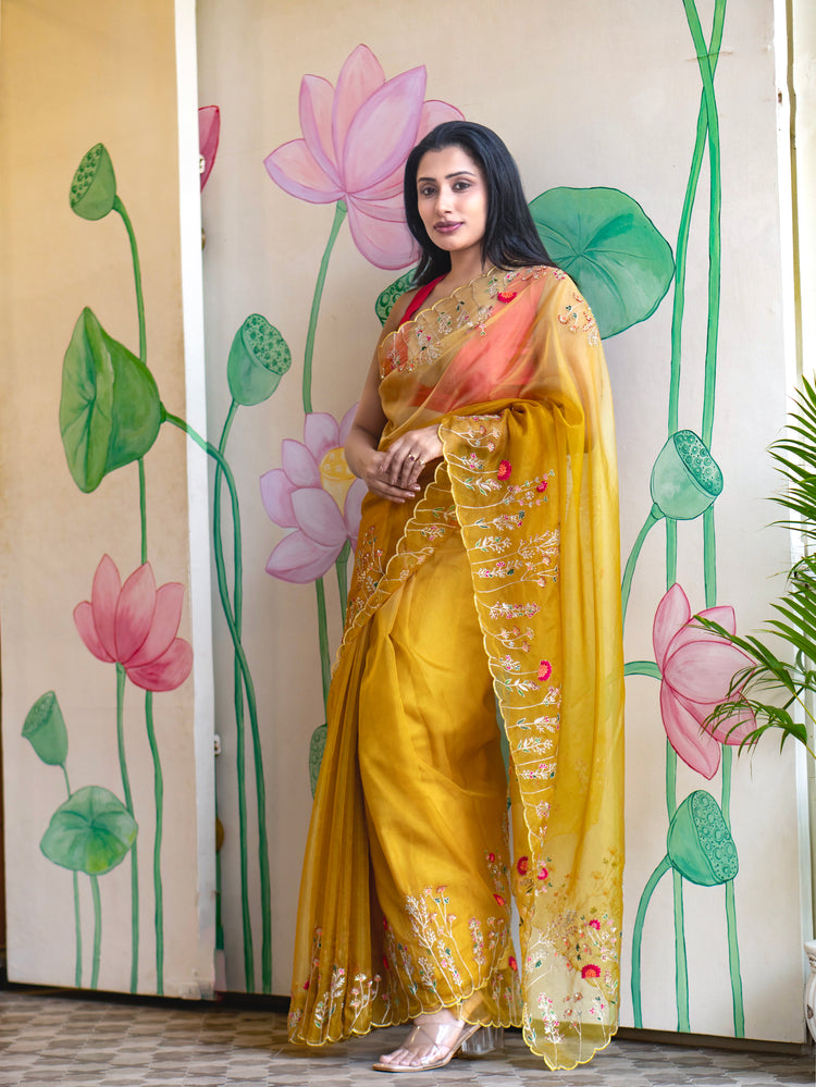 Stylish Yellow Organza Saree with Modern Elegant Look