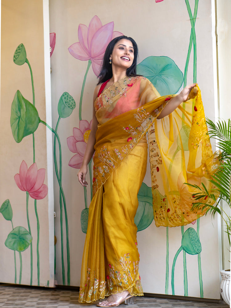 Stylish Yellow Organza Saree with Modern Elegant Look