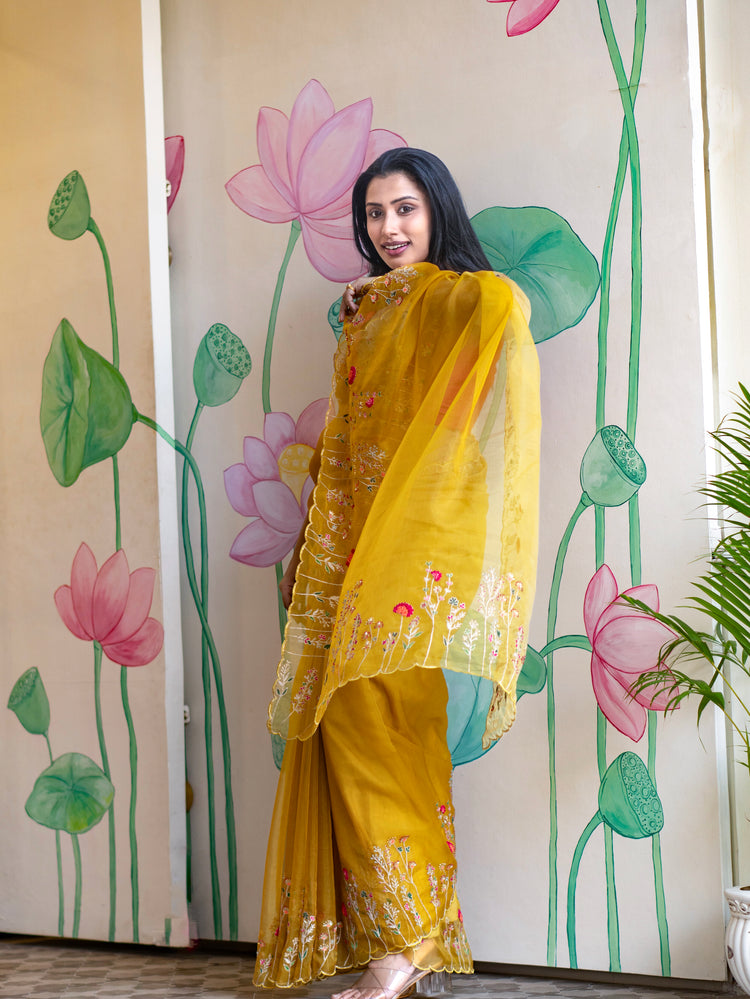 Stylish Yellow Organza Saree with Modern Elegant Look