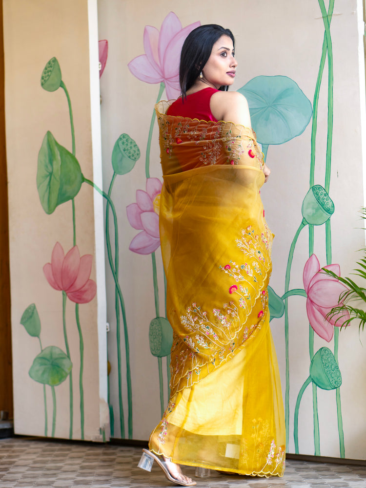 Stylish Yellow Organza Saree with Modern Elegant Look